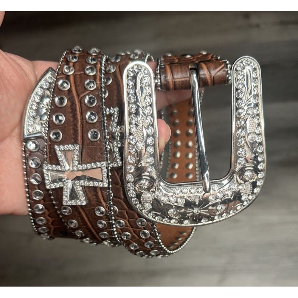 BLAZIN ROXX Brown Croc & Silver Rhinestone Crystals Studded Cross Bling Belt LG